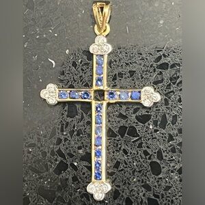 Natalie Wood Hollywood princess cut sapphire CZ diamond gold cross pendant HSN